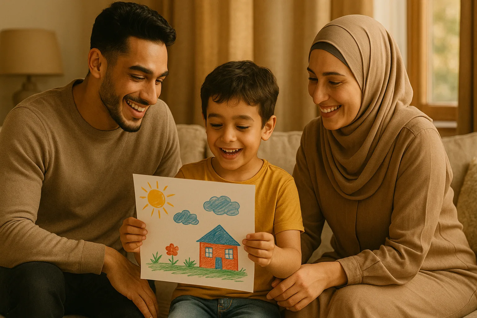 أب وأم يجلسان مع طفلهما في غرفة معيشة مشرقة، يتحدثون ويبتسمون، مما يعكس أسس التربية السليمة.