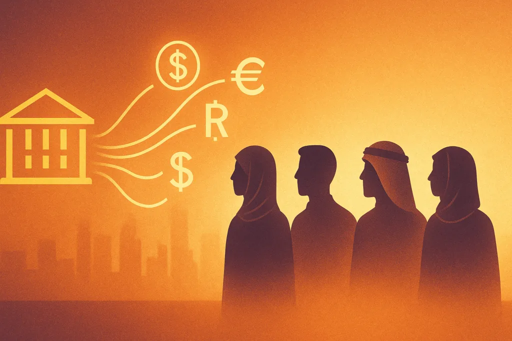 رسم توضيحي يظهر رموز عملات رقمية تتدفق من مبنى شركة نحو مجموعة من المساهمين العرب، رجال ونساء، silhouetted على خلفية مضيئة، في تجسيد بصري لتوزيع الأرباح ضمن مفهوم الاستثمار في الأسهم.