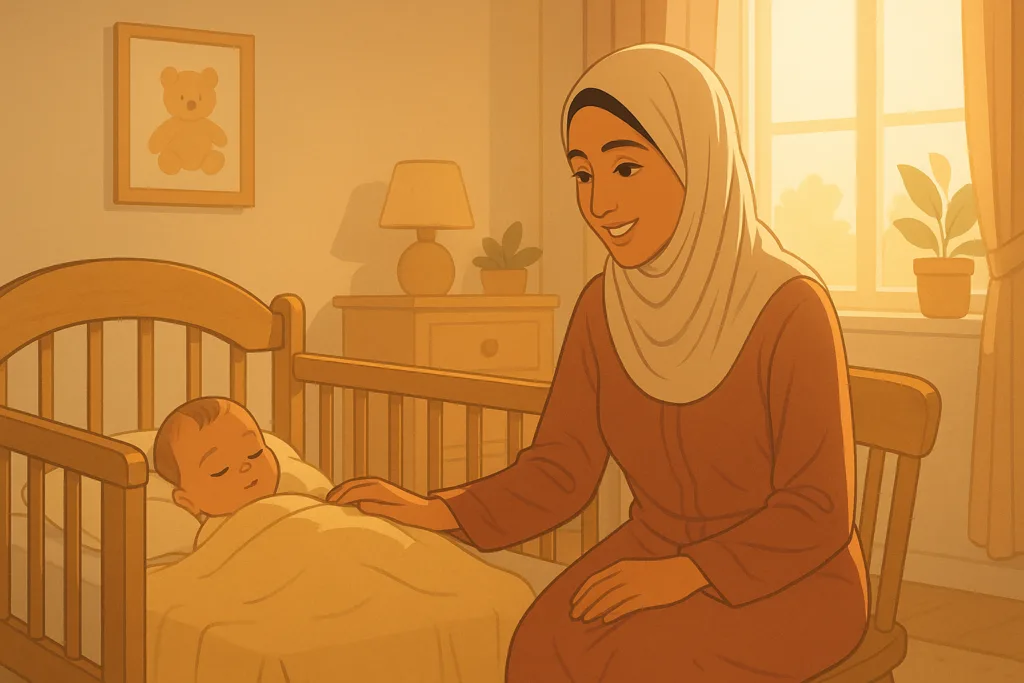 رسم رقمي دافئ لأم من الشرق الأوسط تراقب طفلها الرضيع النائم في غرفة أطفال مضاءة بأشعة الشمس، في مشهد يعكس الحنان والرعاية في مرحلة الطفولة المبكرة.