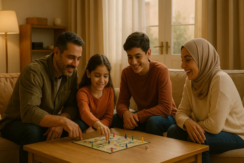 أسرة مكونة من أب وأم وطفلين (فتاة 7 سنوات وولد 12 سنة) تجلس معاً في غرفة معيشة دافئة، يلعبون لعبة لوحية ويستمتعون بلحظات التواصل بعيداً عن الشاشات.