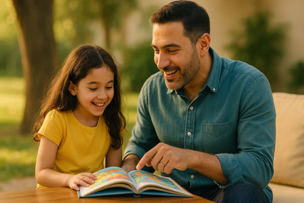 أب من الشرق الأوسط في أواخر الثلاثينيات يقرأ قصة مصورة لابنته البالغة من العمر 6 سنوات في جو خارجي مشمس، يظهران مستمتعَين ومندمجَين في لحظة تربوية مليئة بالحب والتواصل.