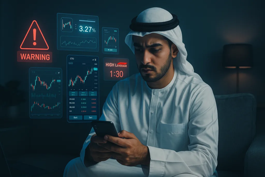 مستثمر شاب يواجه زحام إشعارات وتطبيقات التداول الرقمية على شاشاته