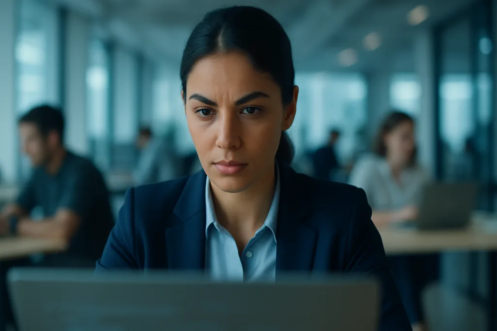 شابة عربية محترفة تركز على شاشة لابتوب في مساحة عمل مشتركة، ترمز إلى أهمية تطوير المهارات الرقمية.