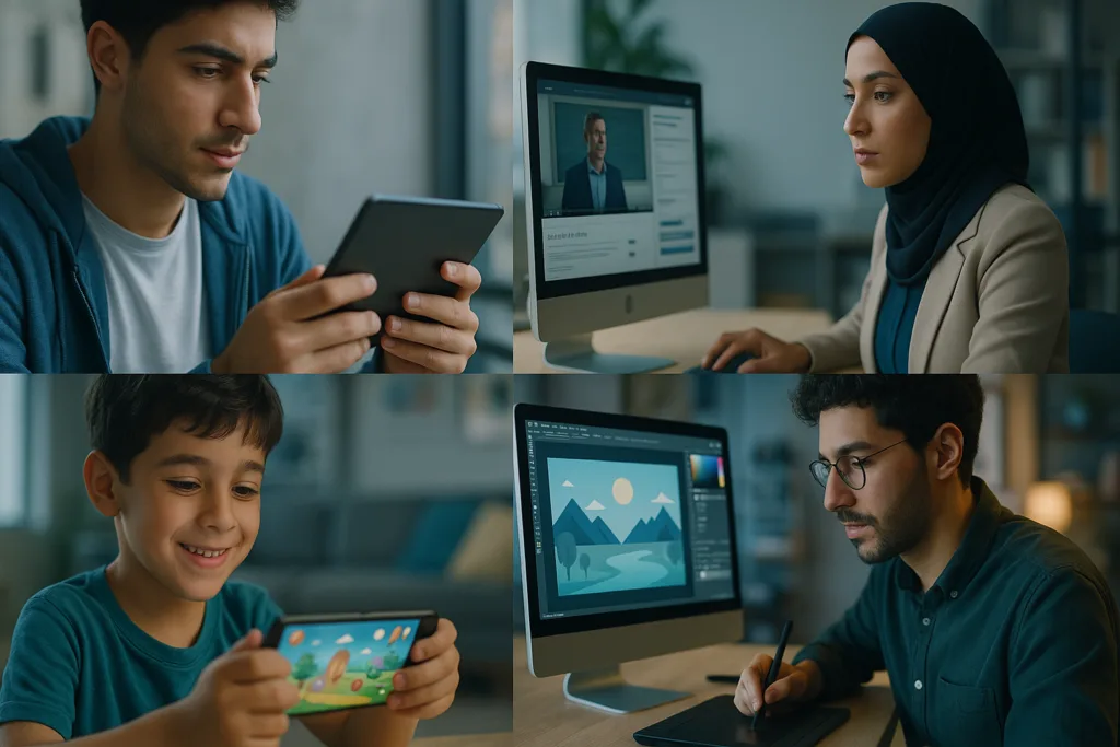 صورة مجمعة تعرض أنواعاً مختلفة من منصات التعليم الإلكتروني: MOOCs، LMS، التعلم التفاعلي، والمنصات المتخصصة، مع متعلمين متنوعين.