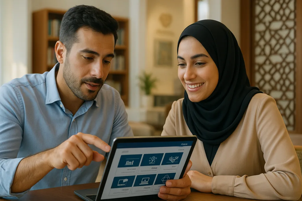 رجل وامرأة عربيان يناقشان محتوى تعليمياً باللغة العربية على جهاز لوحي، يمثلان استخدام المنصات التعليمية العربية.