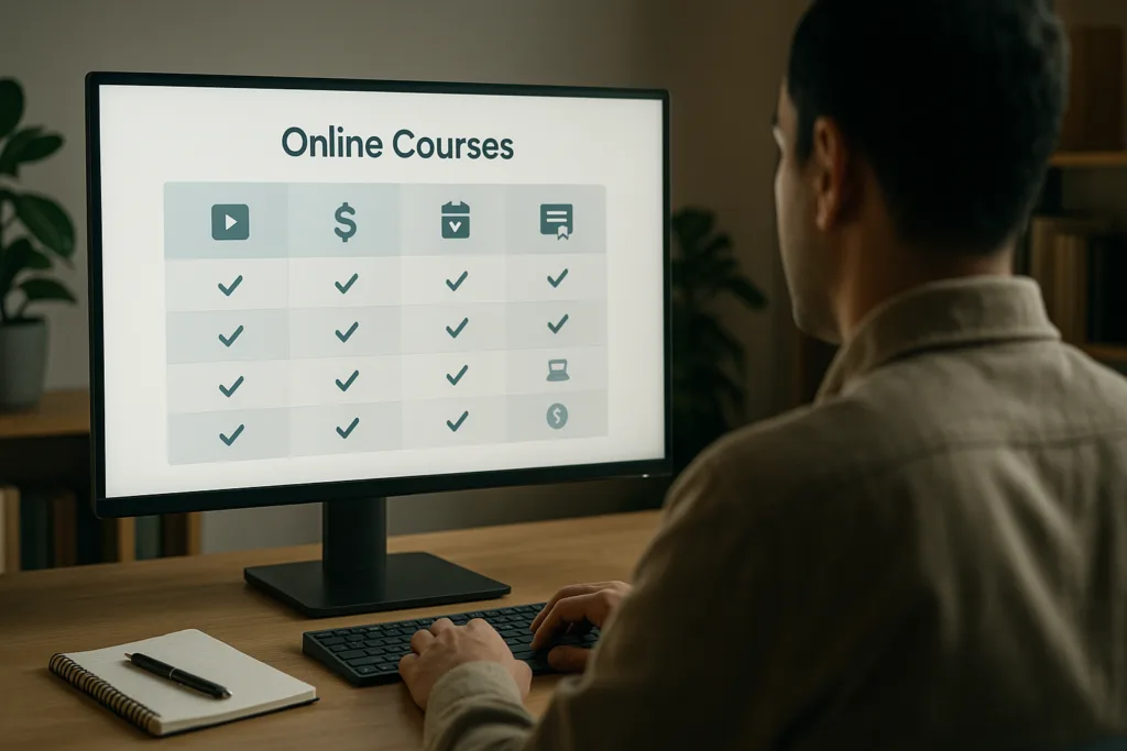 شخص عربي يفاضل بين خيارات منصات تعليمية مختلفة معروضة على شاشة حاسوب، ويخطط لاختيار الأنسب.