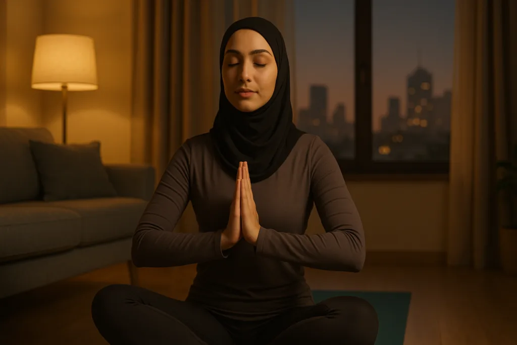 شابة عربية تمارس تمارين اليوغا بهدوء في شقتها، مع إطلالة مسائية للمدينة في الخلفية، مما يبرز خصوصية التمرين المنزلي.