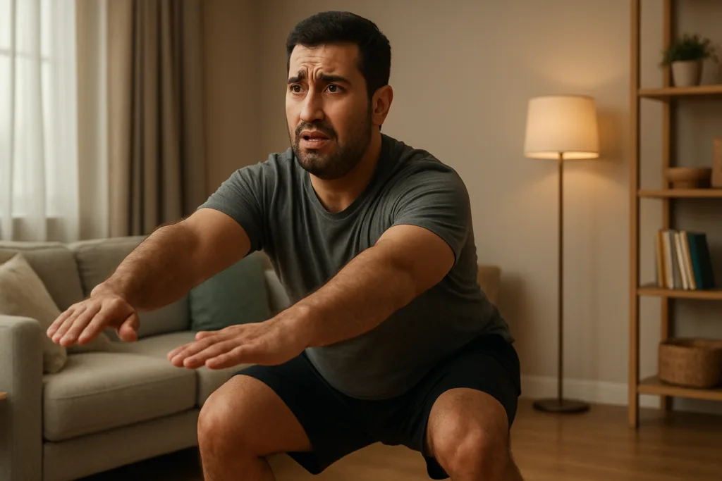 صورة توضح خطأ شائعاً في أداء تمرين القرفصاء، مثل ميل الركبتين للداخل، للتأكيد على أهمية تجنب الأخطاء في التمارين المنزلية.