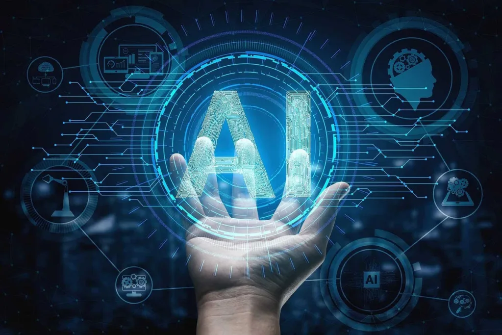 يد تحمل رمز الذكاء الاصطناعي AI مع أيقونات تكنولوجية