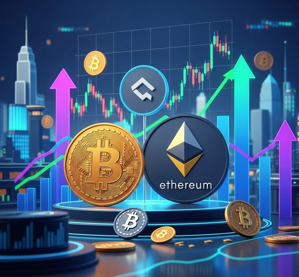 بيتكوين وإيثريوم ترتفعان في سوق العملات الرقمية مع رسوم بيانية صعودية واستثمار مؤسسي.