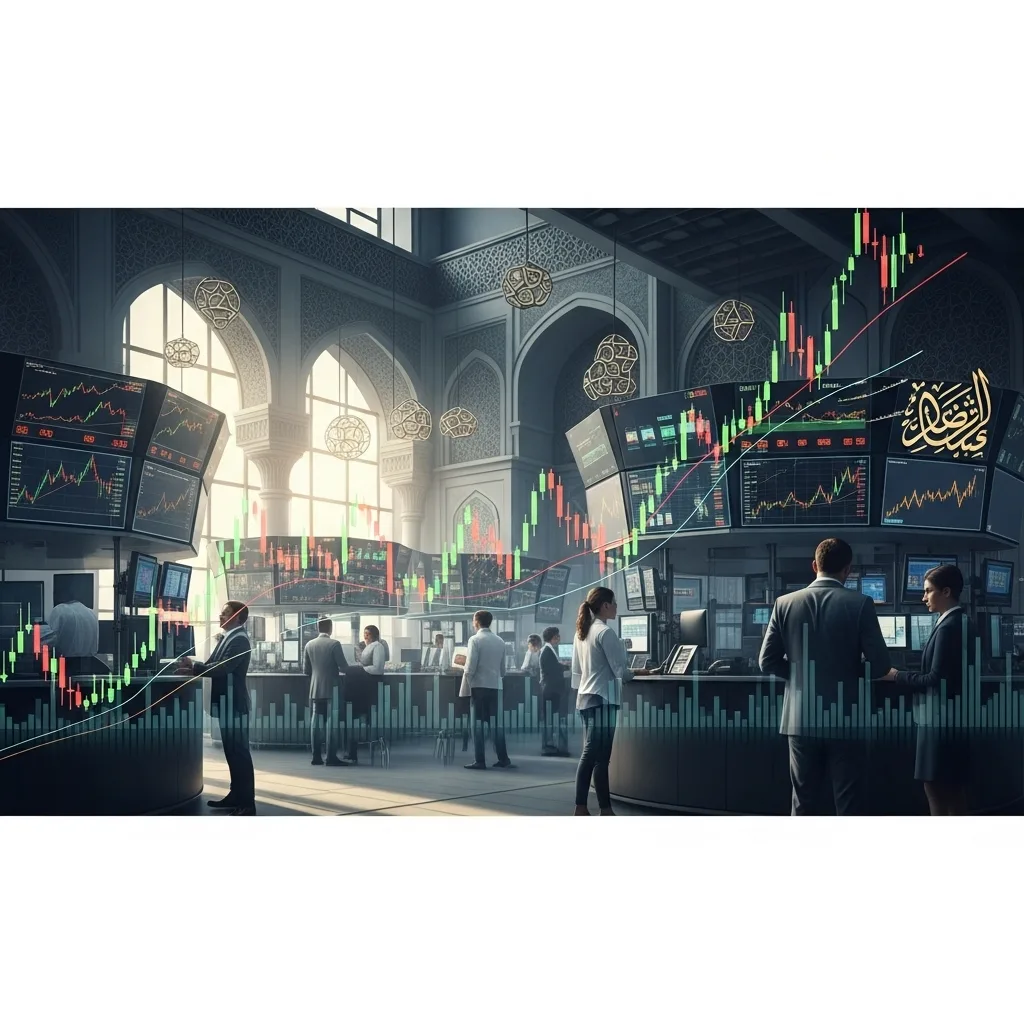 الأسواق المالية العربية: رسوم بيانية للمؤشرات وأشخاص يراقبون التداول في قاعة استثمار خليجية.