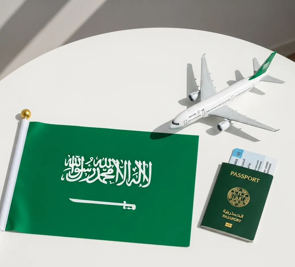 علم السعودية وجواز سفر وطائرة على طاولة بيضاء