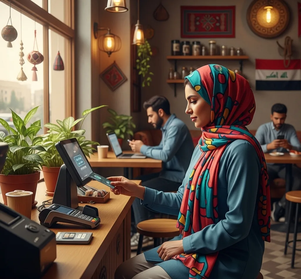 مرأة عراقية تستخدم بطاقة دفع إلكترونية في مقهى حديث، تعكس التحول الرقمي والشمول المالي في العراق.