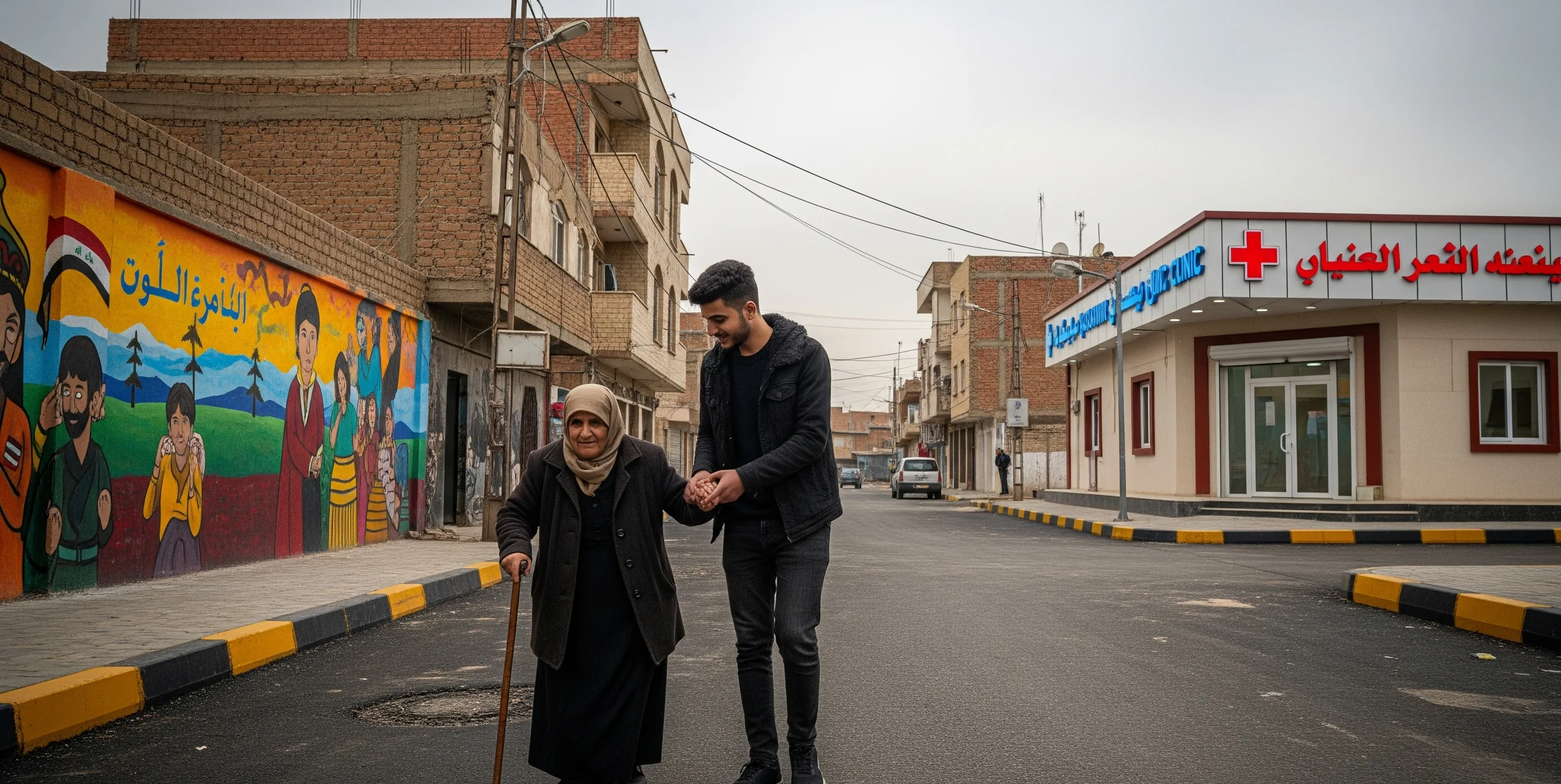 شاب عراقي يساعد سيدة مسنة على المشي في شارع حديث، بجوار عيادة طبية وجدارية ملونة، ترمز لمبادرات الرعاية الاجتماعية في العراق.