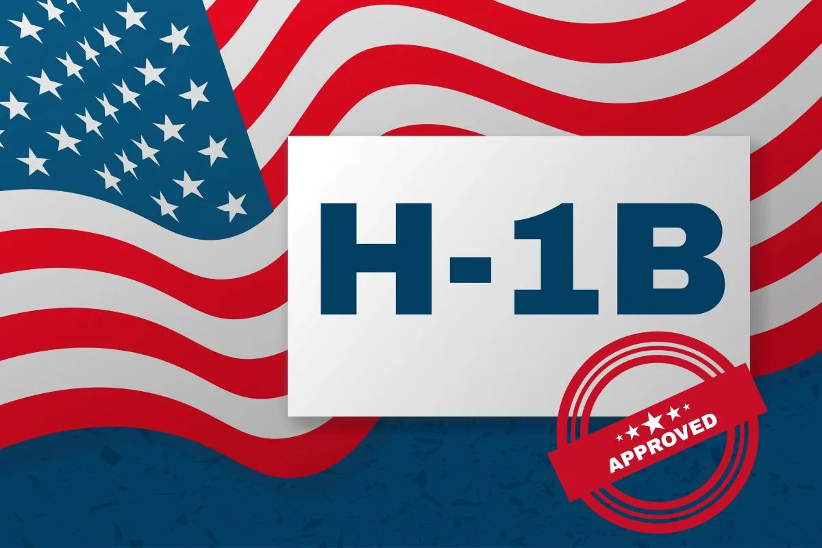 تأشيرة H-1B الأمريكية مع العلم الأمريكي وختم الموافقة