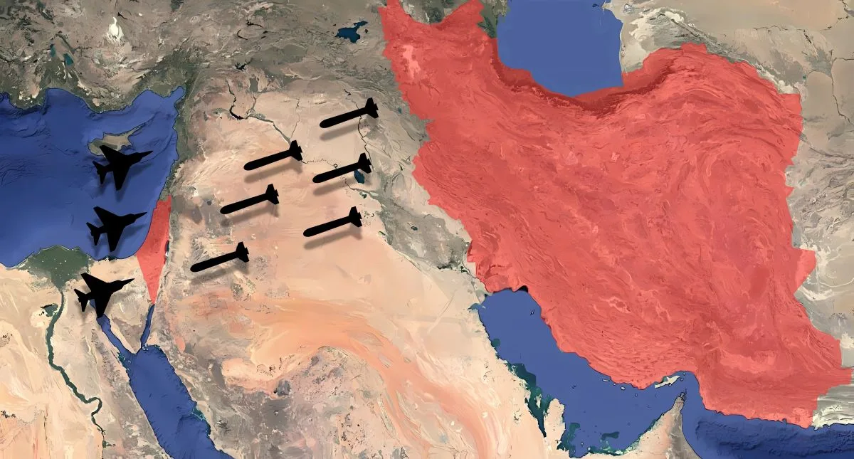 خريطة تظهر مدى الصواريخ الإيرانية وطائرات حربية باتجاه إسرائيل