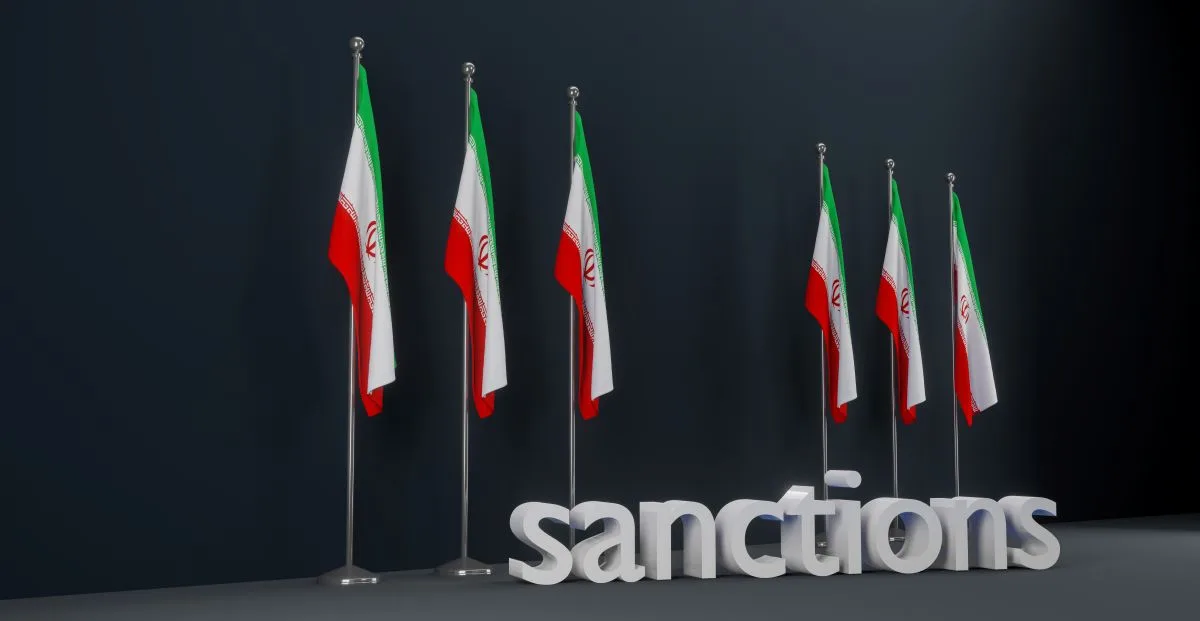 أعلام إيران مع كلمة عقوبات ترمز للعقوبات الاقتصادية والدبلوماسية